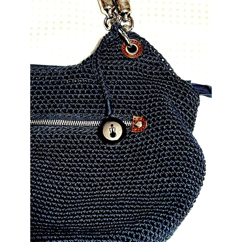 THE SAK Indio Navy Blue Crochet Shoulder Bag Hobo Bucket Nautical Beachy Cruise
